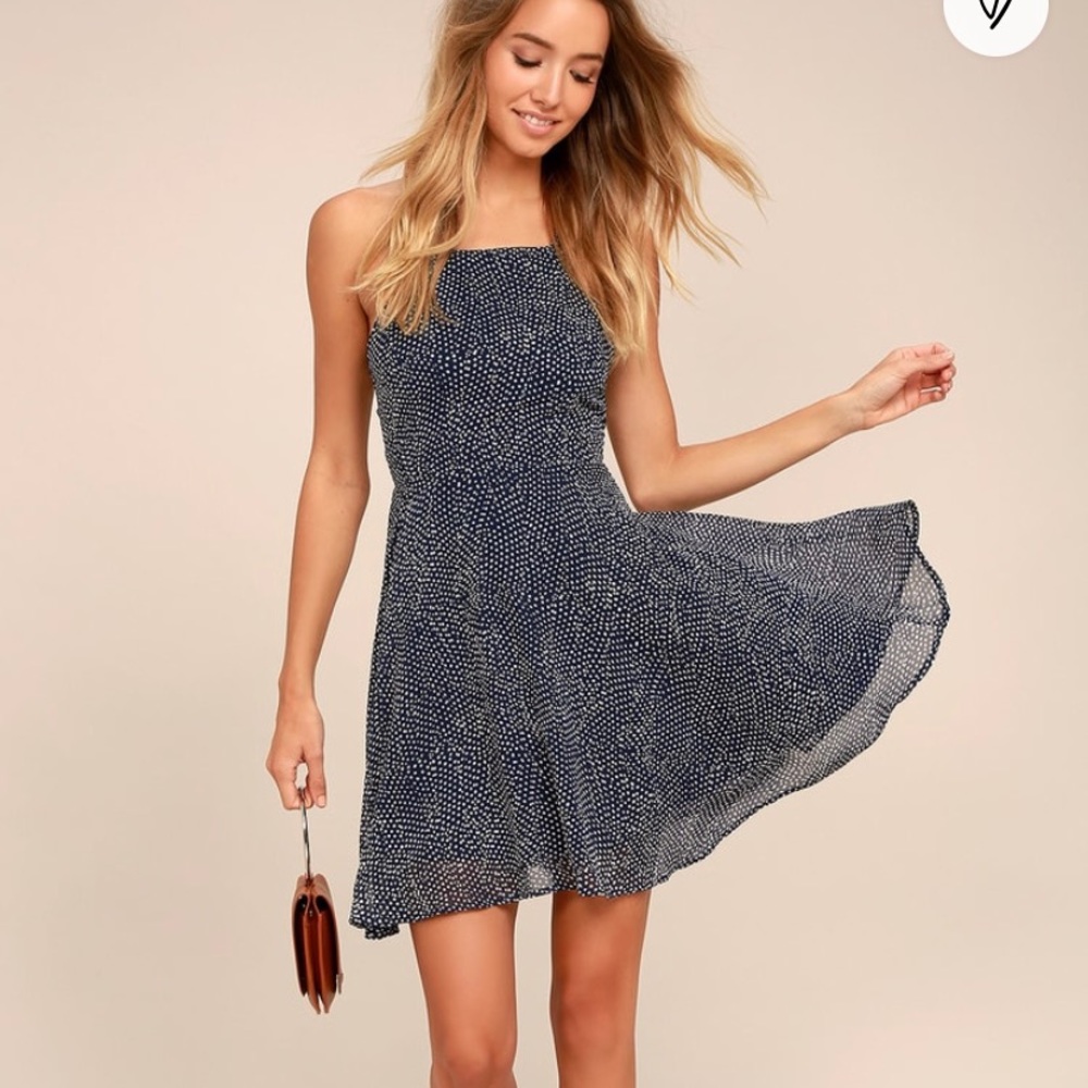 Lulus Happy Together Navy Blue Polka Dot Lace-Up Dress